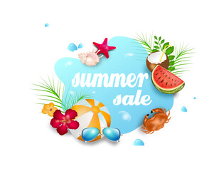 Illustration of summer sale objects on water splash
