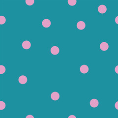 Seamless pattern with pink polka dots on turquoise  background. Vector.