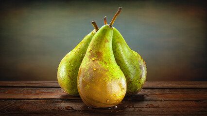 Pears with water drops. Wet pears on abstract grunge background