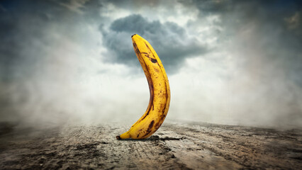 Overripe spoiled banana. Banana stands on a dirty road. Storm cloud. Dusty haze.