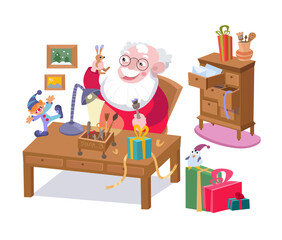 Cute Santa makes gifts for children. Santa Claus workshop with furniture, items, gifts, letters. Winter Christmas holidays. Vector cartoon illustration, scene for posters on white background. 