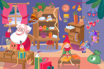 Cute Santa and Elf makes gifts for children. Santa Claus' workshop with furniture, items, gifts, letters. Winter Christmas holidays. Scene, vector cartoon illustration. 