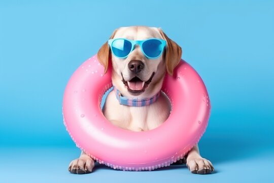 Happiness a dog wearing sunglass and an inflatable ring, blue pink gradient background  by generative ai
