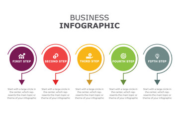 Infographic business concept design with icons and 5 options or steps. Thin line vector. Can be used for flow charts, presentations, websites, banners, printed materials