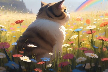 An Exotic Shorthair cat sitting in a field of flower