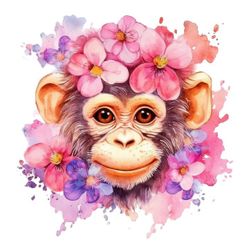Cute monkey animal with flower in the watercolor style. Generative ai illustration