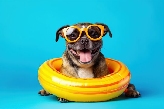 Laughing a dog wearing sunglass and an inflatable ring, blue yellow background by generative ai