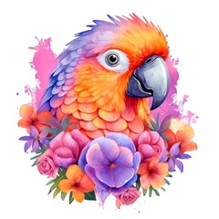 Fototapeta premium Cute parrot animal with flower in the watercolor style. Generative ai illustration