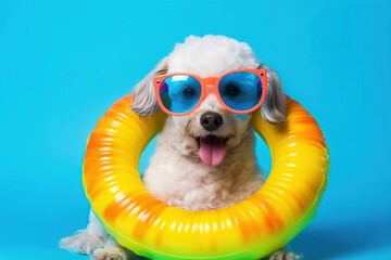 Fototapeta premium Laughing a dog wearing sunglass and an inflatable ring, blue yellow background by generative ai
