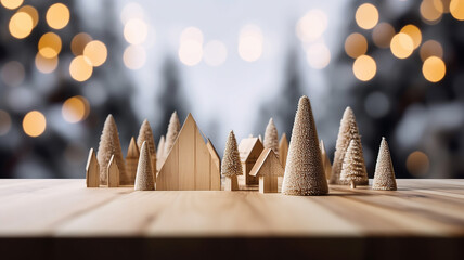 Titolo	
mock up di tavolo in legno ideale per inserimento prodotti, su sfondo natalizio con alberi sfocati e luci di natale
 - obrazy, fototapety, plakaty