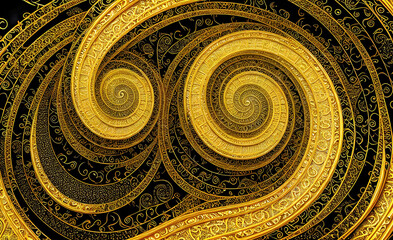 Abstract gold background, fantastic golden metal spiral pattern wallpaper. Generative Ai.