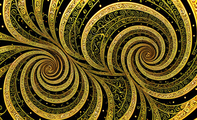 Abstract gold background, fantastic golden metal spiral pattern wallpaper. Generative Ai.