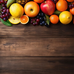 Obraz na płótnie Canvas Fruits on a wooden background, top view. Square background with copy space. AI generative.