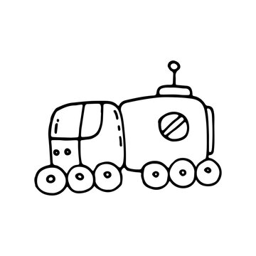 Lunokhod. Automatic self-propelled vehicle, for movement on the surface of the moon. Moon rover.  Doodle. Hand drawn. Vector illustration. Outline.