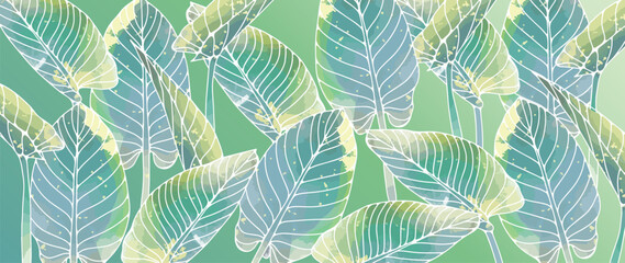 Green watercolor tropical background with palm leaves. Abstract background for decor, wallpapers, covers, cards and presentations