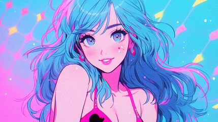 Obraz premium hand drawn cartoon anime cool swimsuit girl illustration in summer