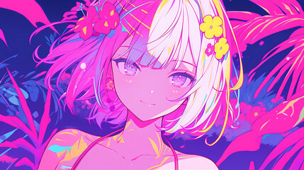 Fototapeta premium hand drawn cartoon anime cool swimsuit girl illustration in summer