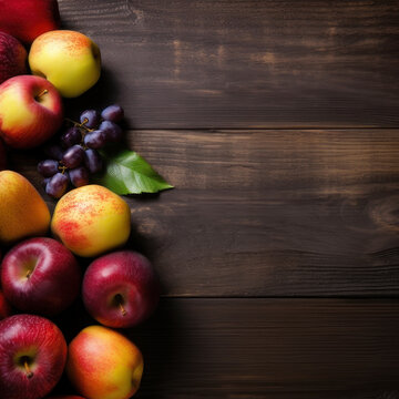 Fruits on a wooden background. Square background with copy space. AI generative.