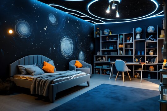 Galaxy themed bedroom featuring wall mural
