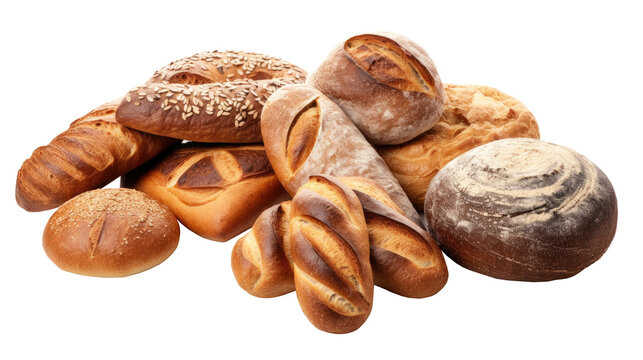 Homemade variety of pastry,french baguette,sourdough and bread whole grains on transparent background. Generative Ai