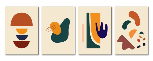 Vector flat abstract posters. Minimalist illustrations with shadow, geometric shapes, lines and pastel colors. In vintage style. Design for wall decoration, cardboard, poster or brochure.