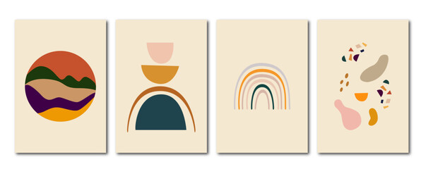 Vector flat abstract posters. Minimalist illustrations with shadow, geometric shapes, lines and pastel colors. In vintage style. Design for wall decoration, cardboard, poster or brochure.