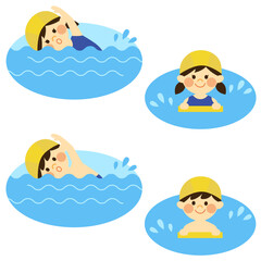 プールで泳ぐ男の子と女の子セット