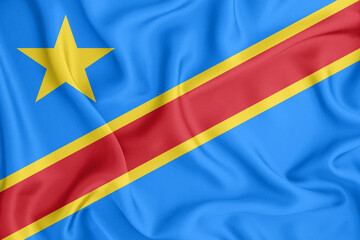 Congo flag waving with the wind, wide format, 3D illustration rendring. Design with satin fabric. to be used for educational purposes or for illustrations of videos or vlogs.