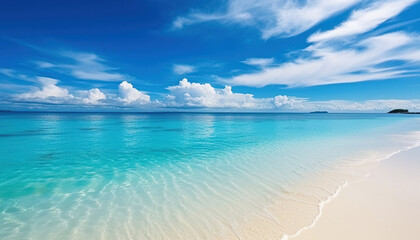 Obraz premium Beautiful seascape with sandy beach with few palm trees and blue lagoon 