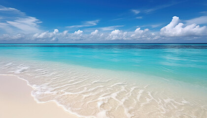 Beautiful seascape with sandy beach with few palm trees and blue lagoon
