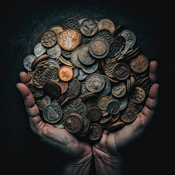 some coins in someone's hands on a dark background, with space for text or image to be added
