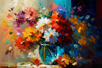 Abstract colorful oil painting vase  with flowers, generative AI