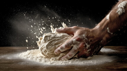 Chef prepares the dough with flour to make pasta, pizza or bread. Generative AI