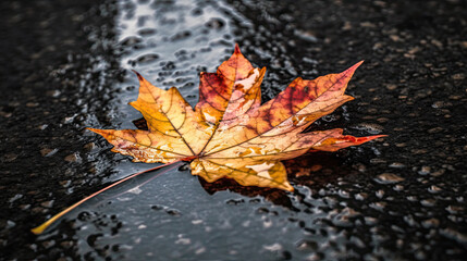Closeup autum maple leaf on the road after rain background