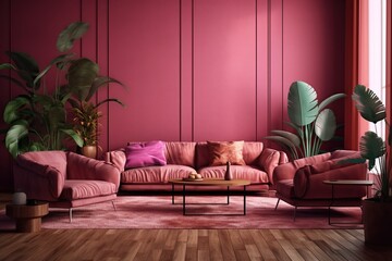 A living room with a red couch and a red sofa and  red pillows and  plant on it luxury interior design with red couch,room decoration with copy space