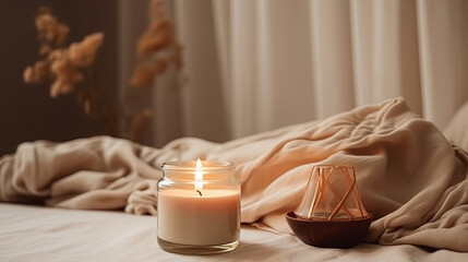 Clear glass burning candle. Bright white cozy home interior
