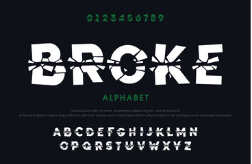 Broke style font, alphabet with letters and numbers vector illustration
