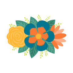 Tropical flowers bouquet hand drawn illustration. Flat cartoon style design, isolated vector. Exotic blossoms, blooms, rainforest plant, jungle flora, botanical, floral elements composition