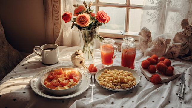 food on a table in front of a window, with flowers and an orange juice next to the plate full of fruit