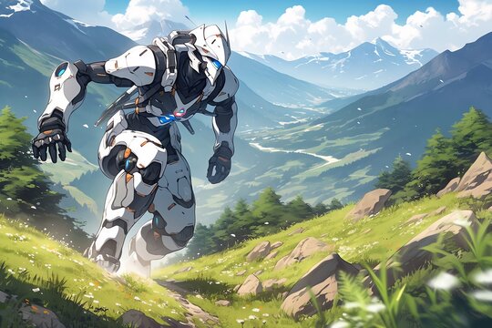 Humanoid robot running on a beautiful mountain trail
