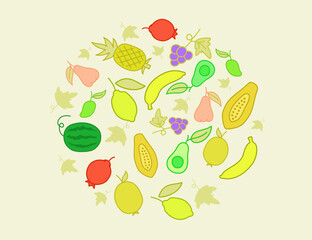 fruits doodle with cartoon style. abstract fruit background and circle orientation shape.