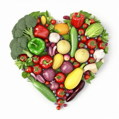 Fruits and vegetables. Heart symbol. Vegetarian diet and healthy organic food by generative AI.