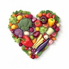 Fruits and vegetables. Heart symbol. Vegetarian diet and healthy organic food by generative AI.