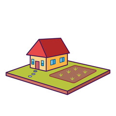 Small yellow colored house with red roof on village or country side with small garden colored vector icon outlined isolated on square white background. Simple flat minimalist outlined drawing.