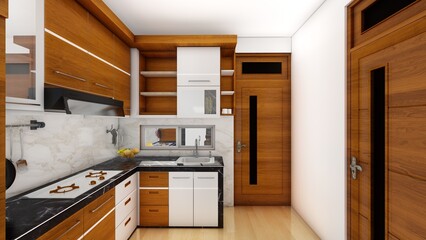 wood grain kitchen design with appliances, front view, window with sunlight. Luxury wooden kitchen on parquet floor, 3D rendering