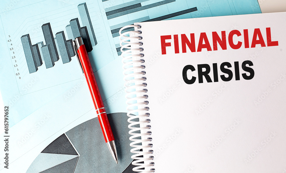 Poster financial crisis text on a notebook with pen on a chart background