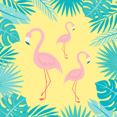Pink flamingos on yellow background with tropical leaves around them. Vector illustration of exotic birds and plants