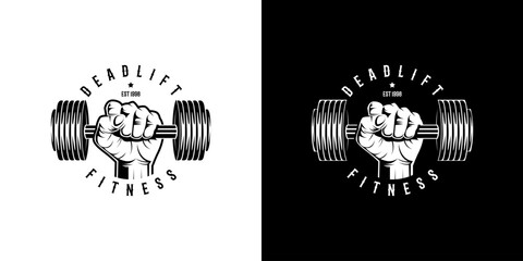 illustration of a rough strong clenched hand fist holding lifting a barbell or dumbbell. weight lifting gym fitness sport club vintage retro emblem badge label logo design - obrazy, fototapety, plakaty