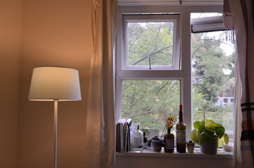 Peaceful cozy room in London, living alone, simple but warm interior by the window