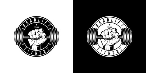 illustration of a rough strong clenched hand fist holding lifting a barbell or dumbbell. weight lifting gym fitness sport club vintage retro emblem badge label logo design - obrazy, fototapety, plakaty
